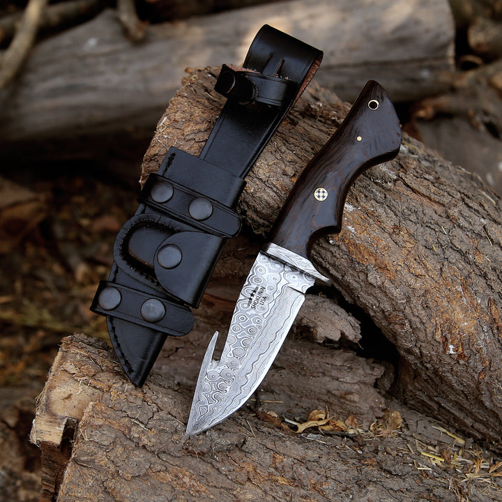 Damascus Knife - Captain Damascus Hunting Knife with Gut Hook &amp; Exotic Wenge Wood Handle - Shokunin USA