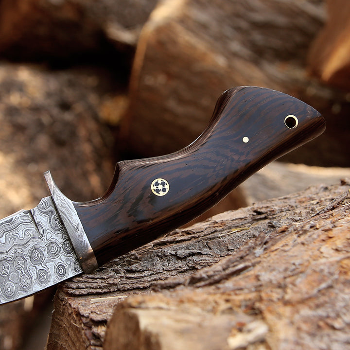 Damascus Knife - Captain Damascus Hunting Knife with Gut Hook &amp; Exotic Wenge Wood Handle - Shokunin USA