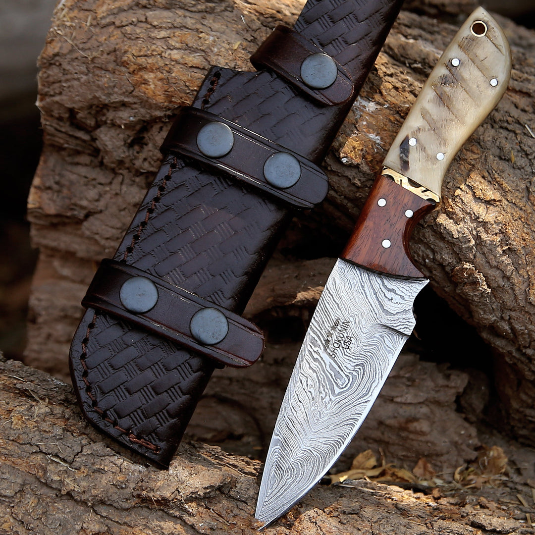 Starlight Damascus Hunting Knife with Exotic Rosewood & Ram Horn Handle - Shokunin USA