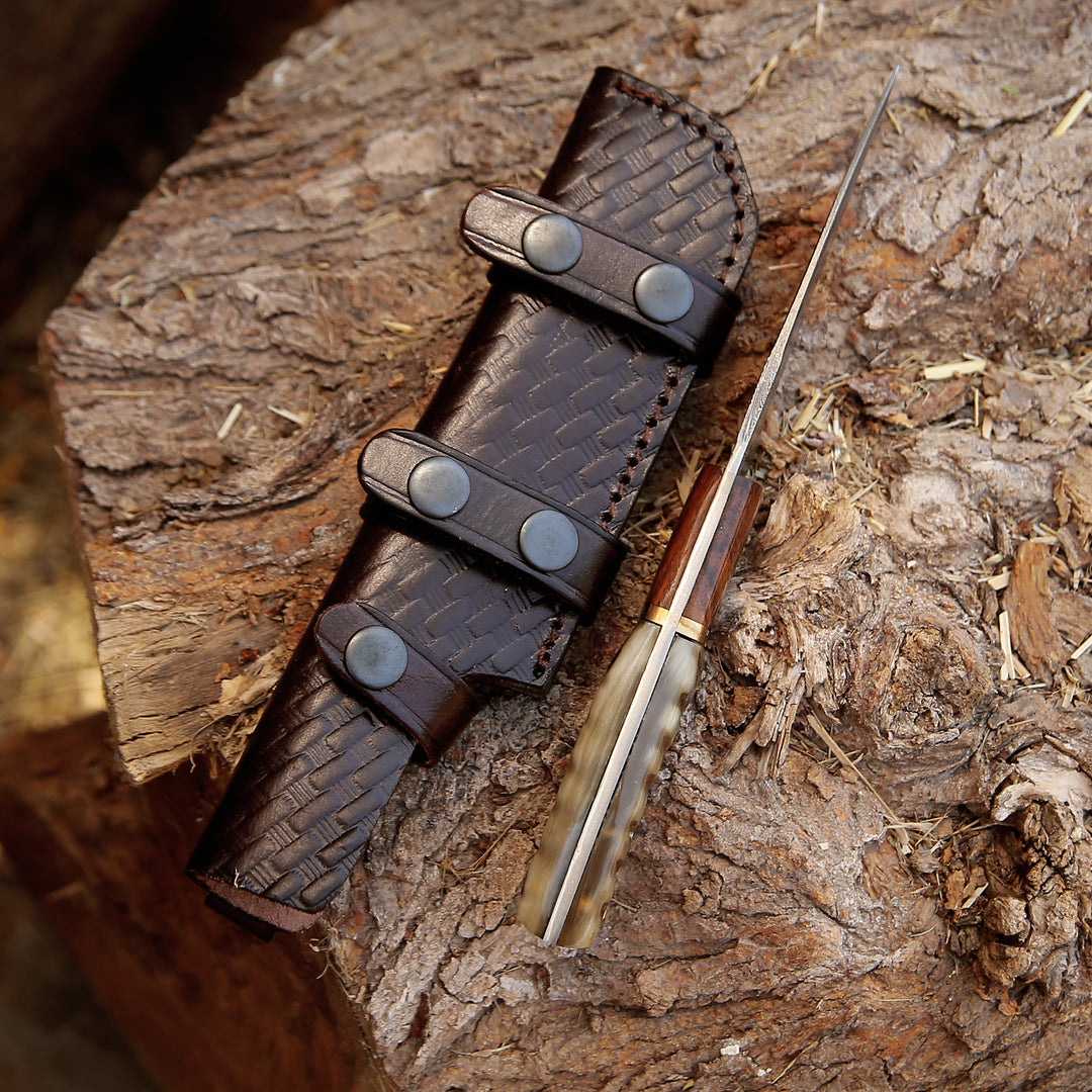Starlight Damascus Hunting Knife with Exotic Rosewood &amp; Ram Horn Handle - Shokunin USA