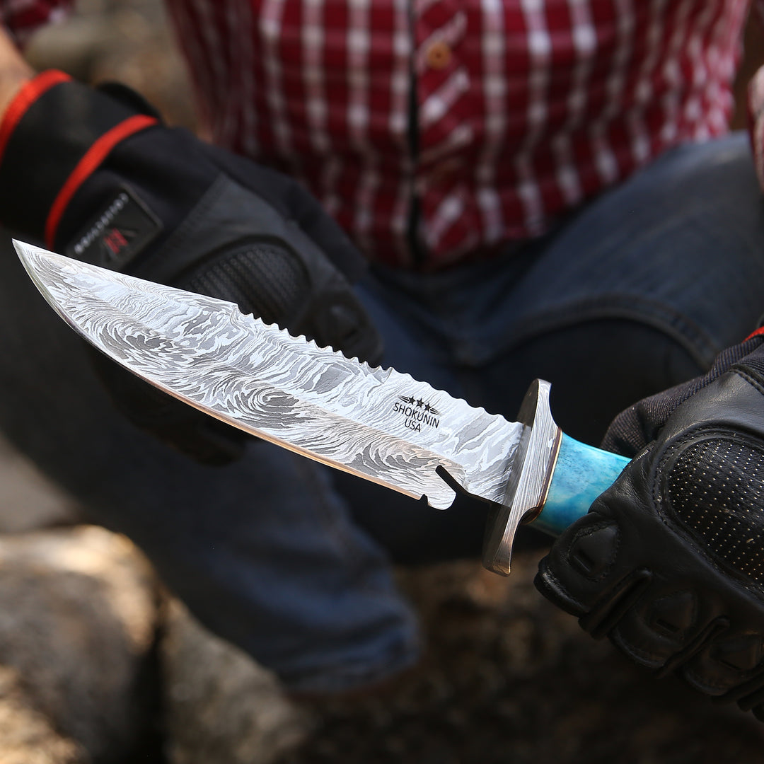 Behemoth 7.0" Damascus Steel Handmade Hunting Knife with Bone Handle - Shokunin USA