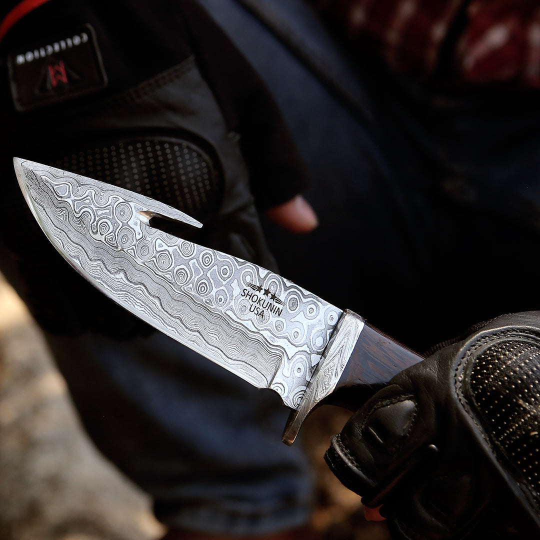 Damascus Knife - Captain Damascus Hunting Knife with Gut Hook &amp; Exotic Wenge Wood Handle - Shokunin USA