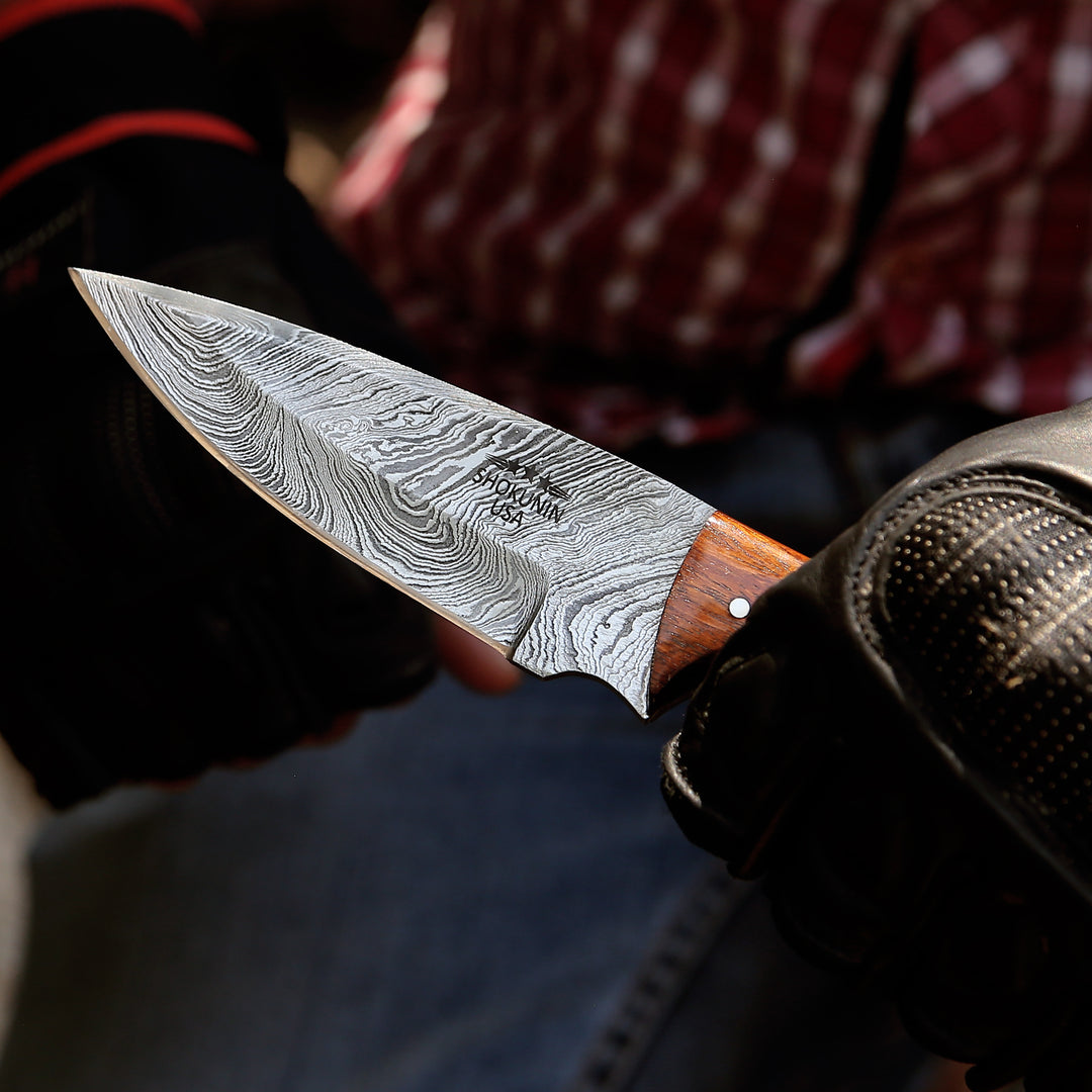 Starlight Damascus Hunting Knife with Exotic Rosewood &amp; Ram Horn Handle - Shokunin USA