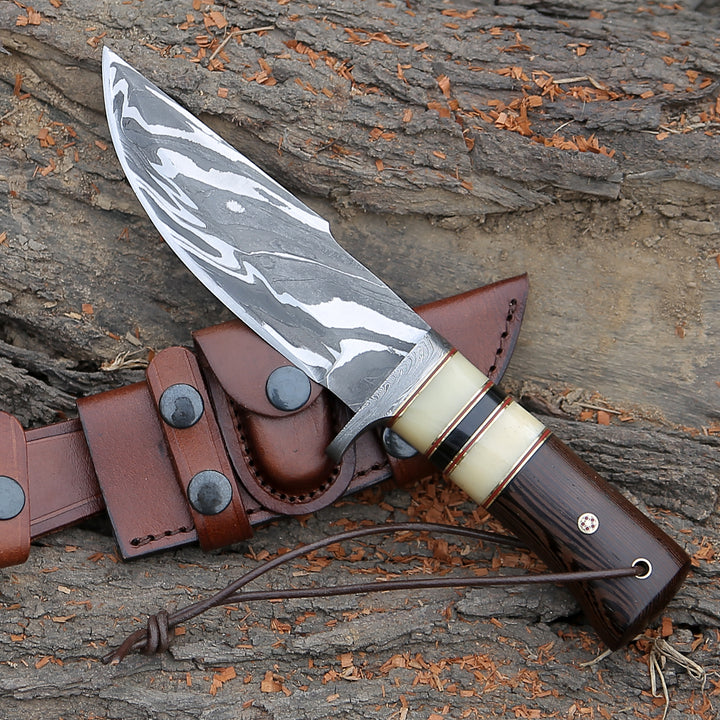 Nova Damascus Hunting Knife with Bone &amp; Exotic Wenge Wood Handle - Shokunin USA