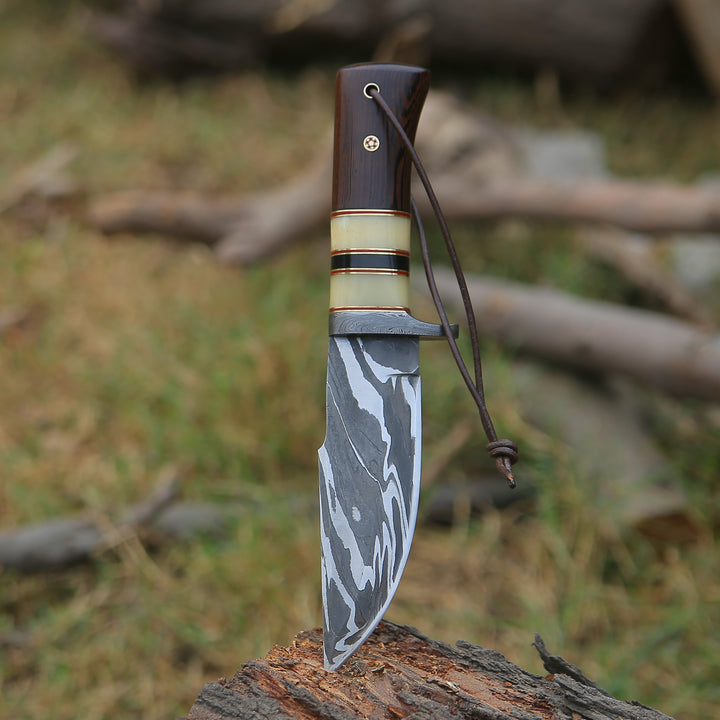 Nova Damascus Hunting Knife with Bone &amp; Exotic Wenge Wood Handle - Shokunin USA