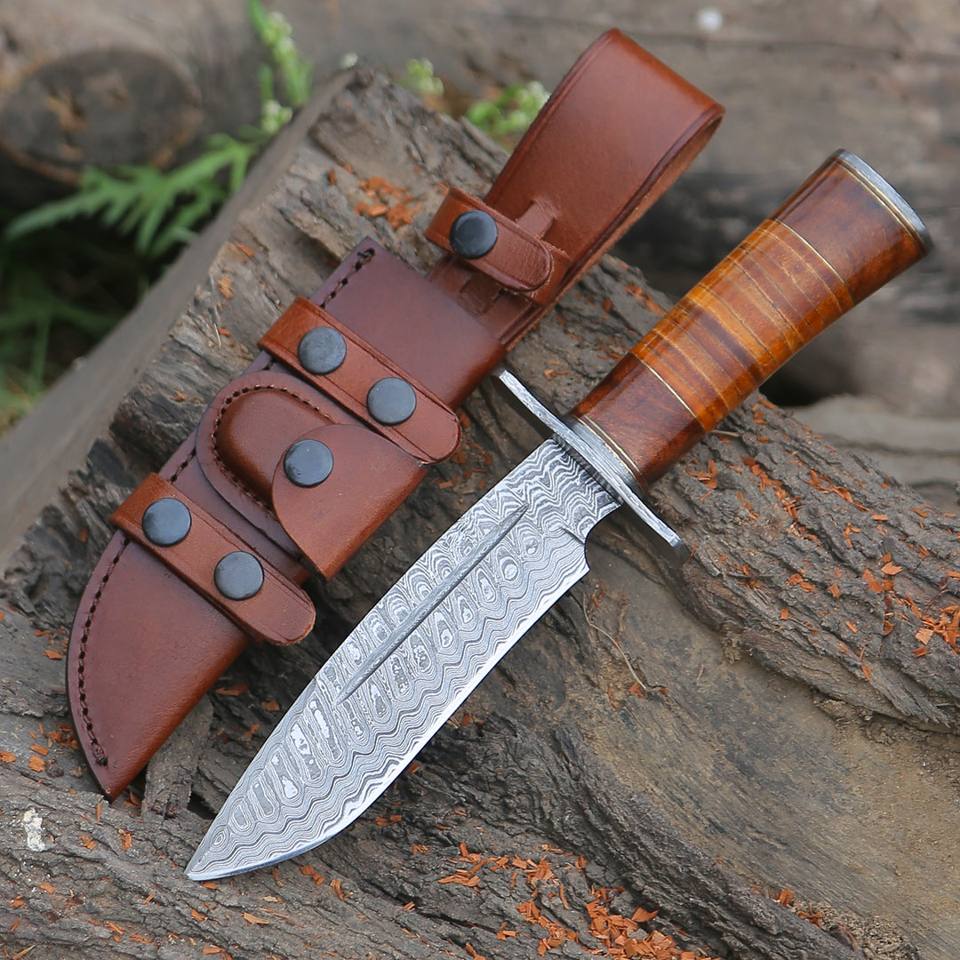Rambo Bowie Knife with Exotic Rosewood & Stacked Leather Handle - Shokunin USA