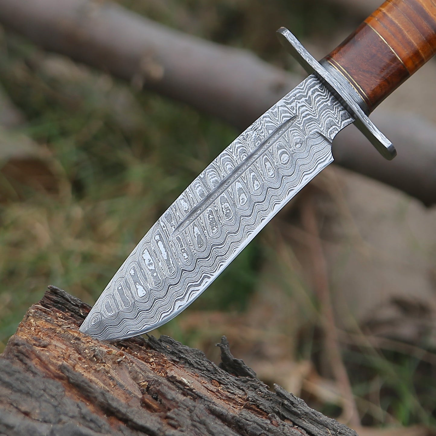 Damascus Knife - Rambo Bowie Knife with Exotic Rosewood & Stacked Leather Handle - Shokunin USA