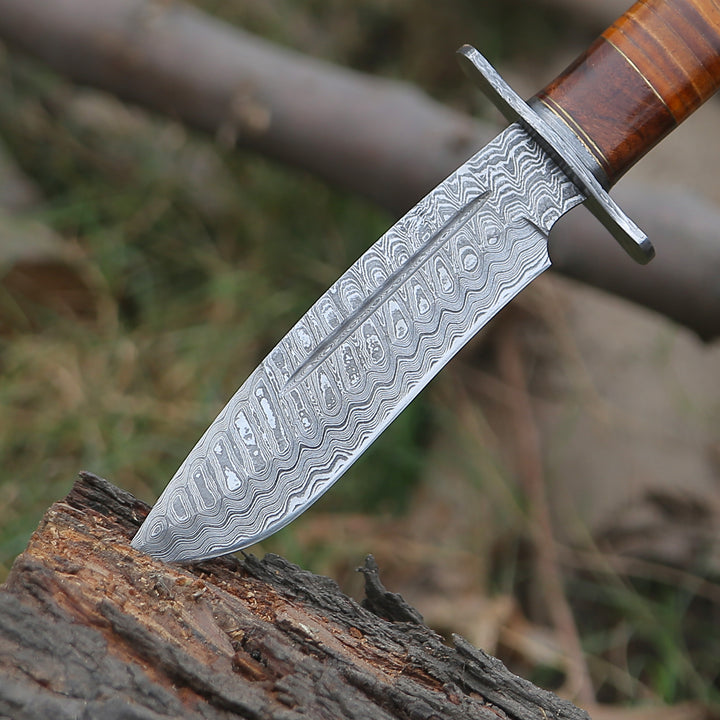 Rambo Bowie Knife with Exotic Rosewood &amp; Stacked Leather Handle - Shokunin USA