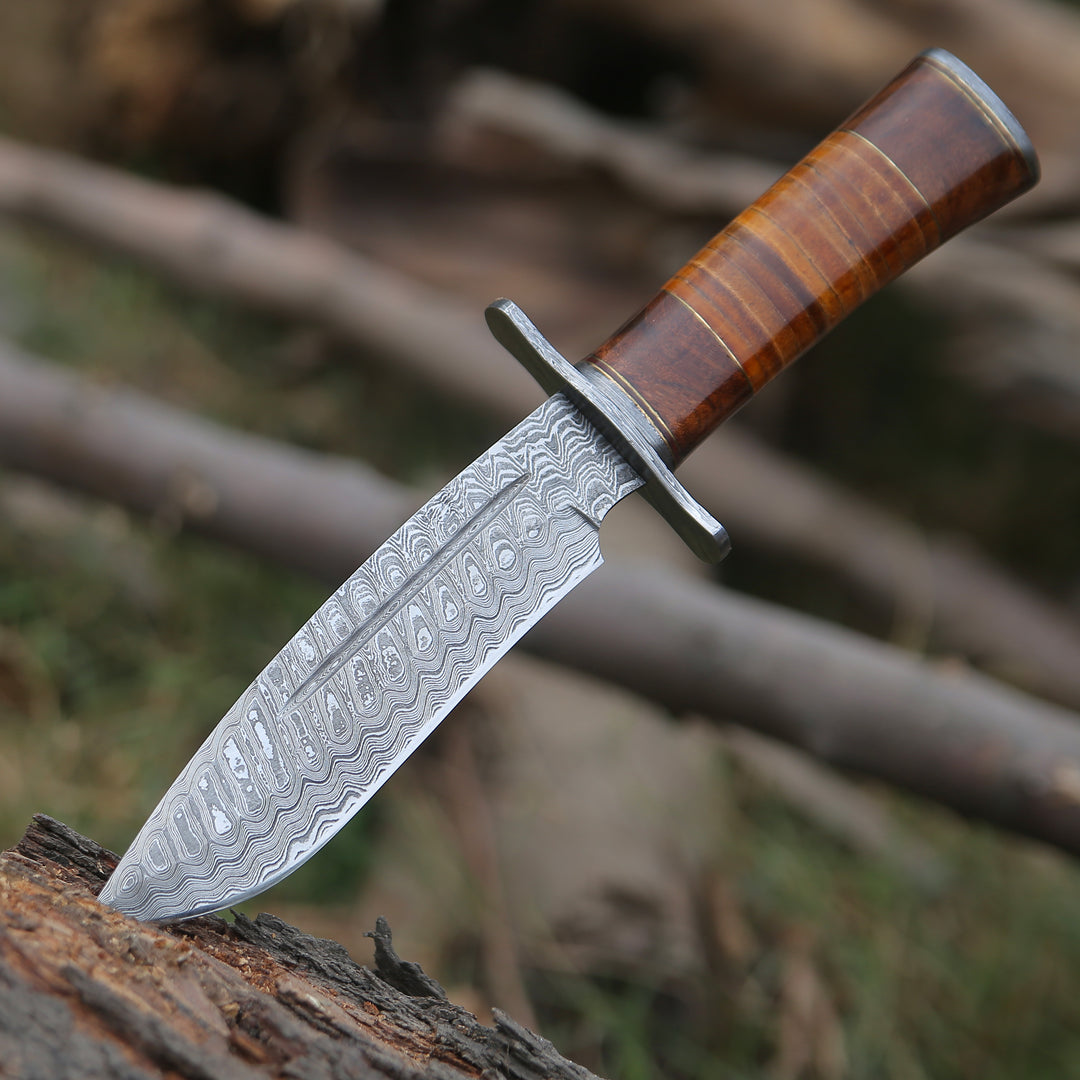 Rambo Bowie Knife with Exotic Rosewood &amp; Stacked Leather Handle - Shokunin USA