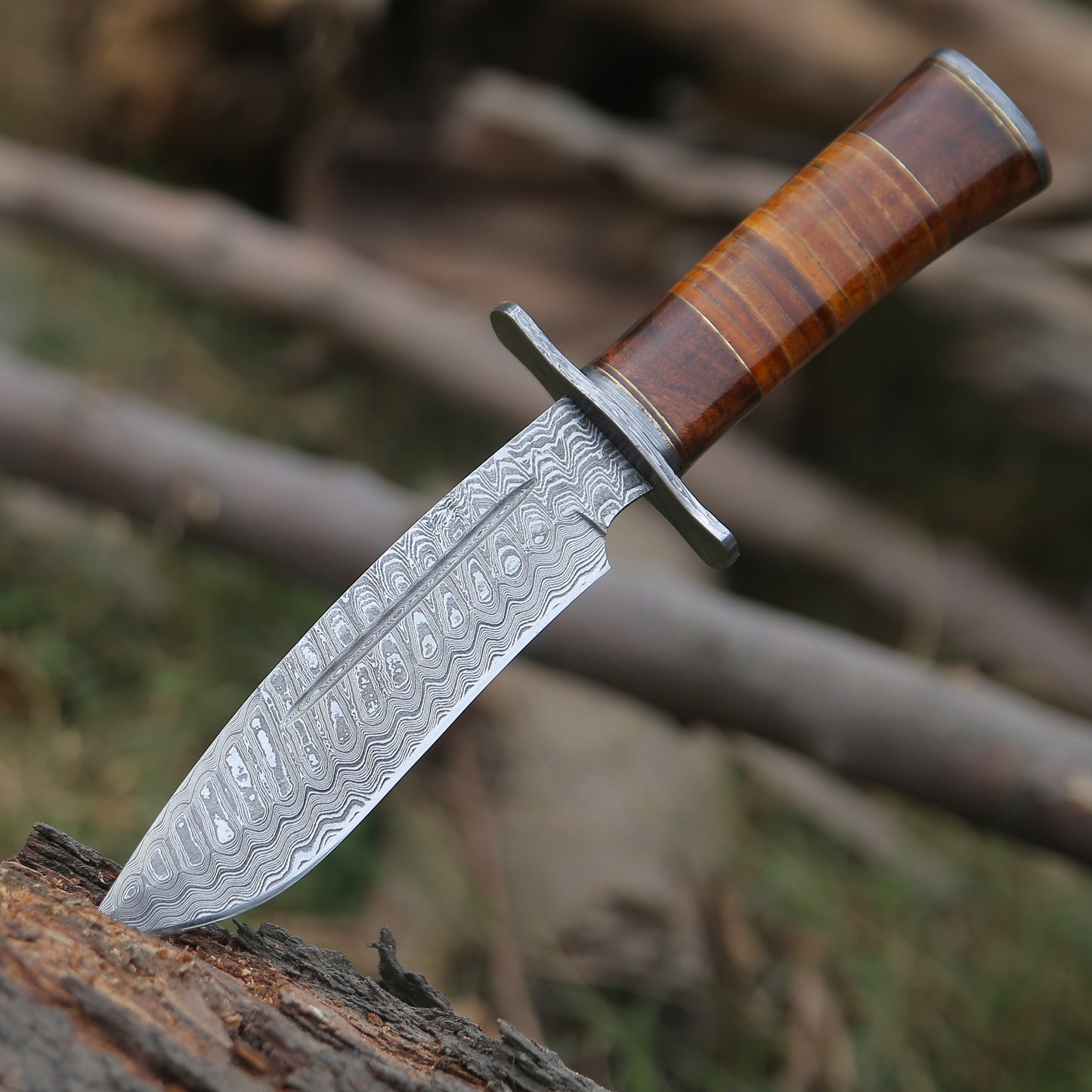 Damascus Knife - Rambo Bowie Knife with Exotic Rosewood & Stacked Leather Handle - Shokunin USA