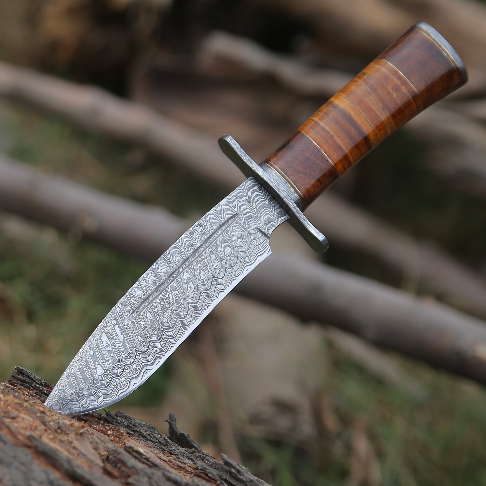 Damascus Knife - Rambo Bowie Knife with Exotic Rosewood & Stacked Leather Handle - Shokunin USA