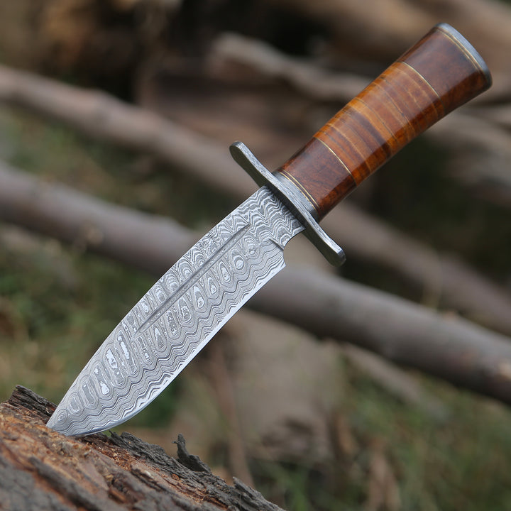 Rambo Bowie Knife with Exotic Rosewood &amp; Stacked Leather Handle - Shokunin USA