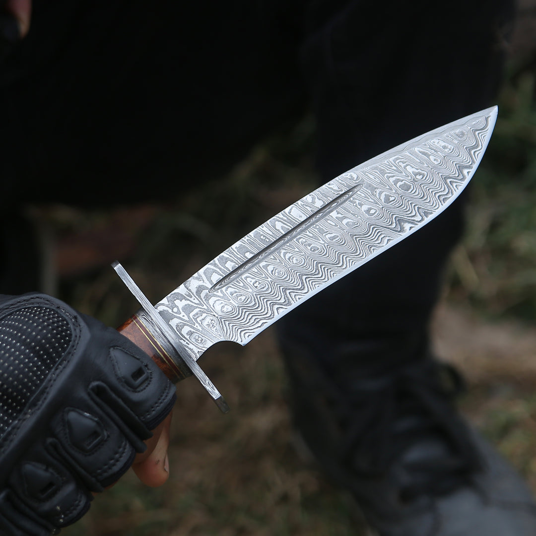 Rambo Bowie Knife with Exotic Rosewood &amp; Stacked Leather Handle - Shokunin USA