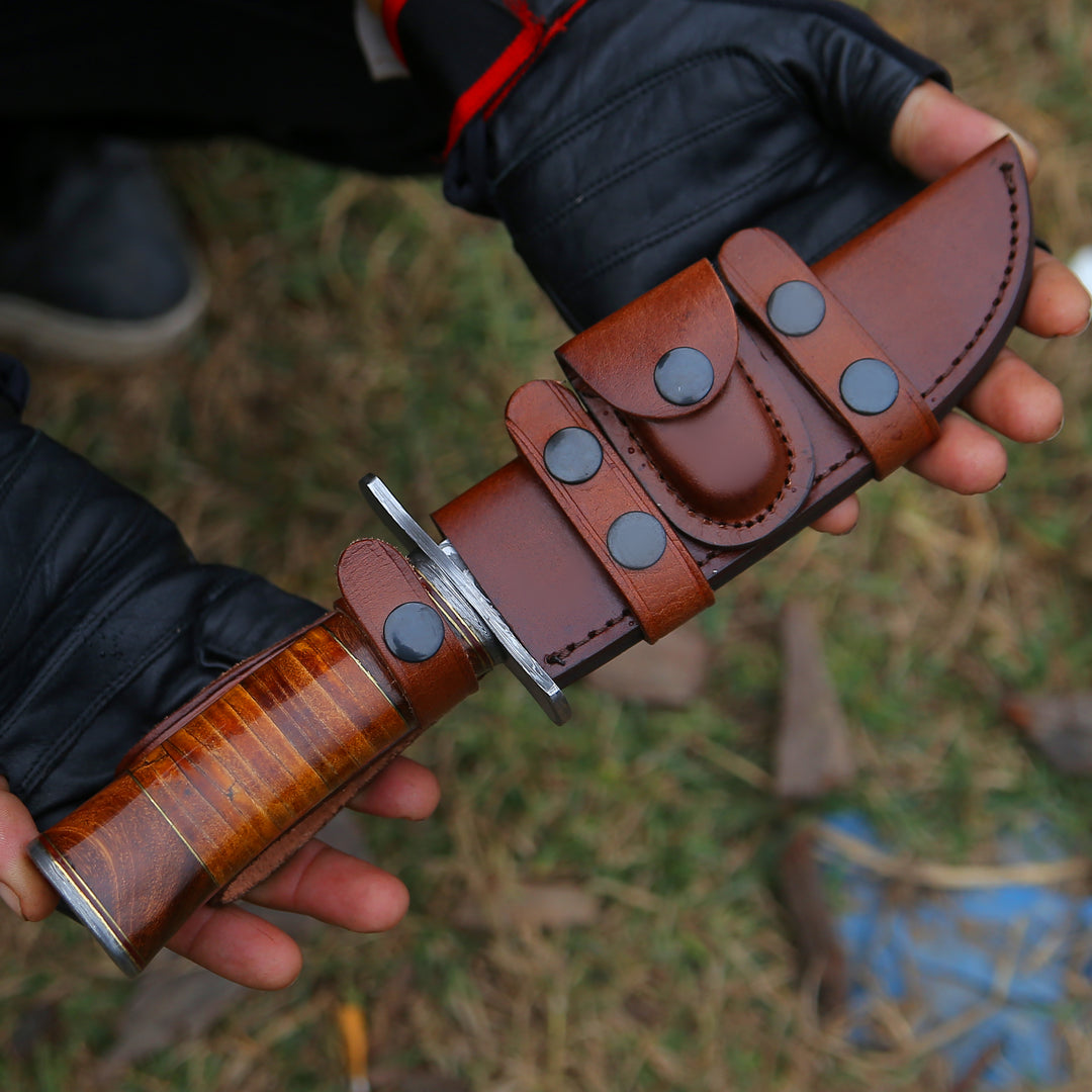 Rambo Bowie Knife with Exotic Rosewood &amp; Stacked Leather Handle - Shokunin USA