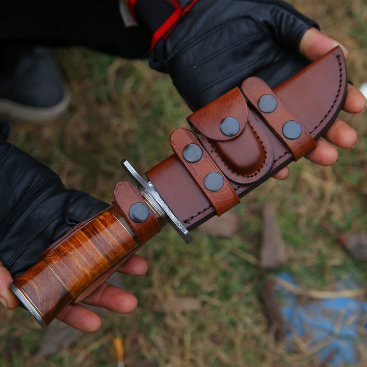 Rambo Bowie Knife with Exotic Rosewood &amp; Stacked Leather Handle - Shokunin USA