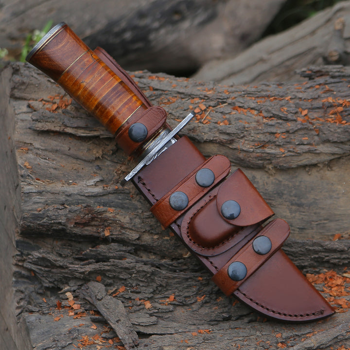 Rambo Bowie Knife with Exotic Rosewood &amp; Stacked Leather Handle - Shokunin USA
