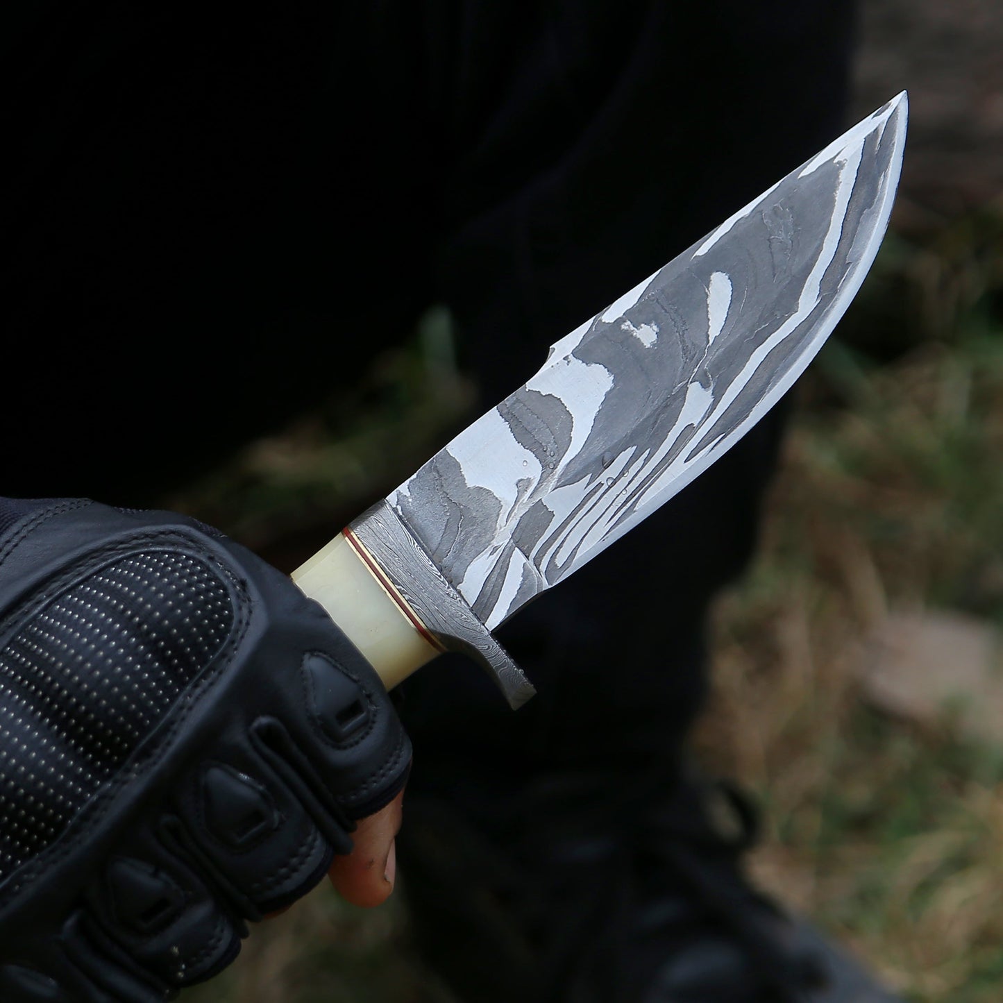 Nova Damascus Hunting Knife with Bone & Exotic Wenge Wood Handle - Shokunin USA