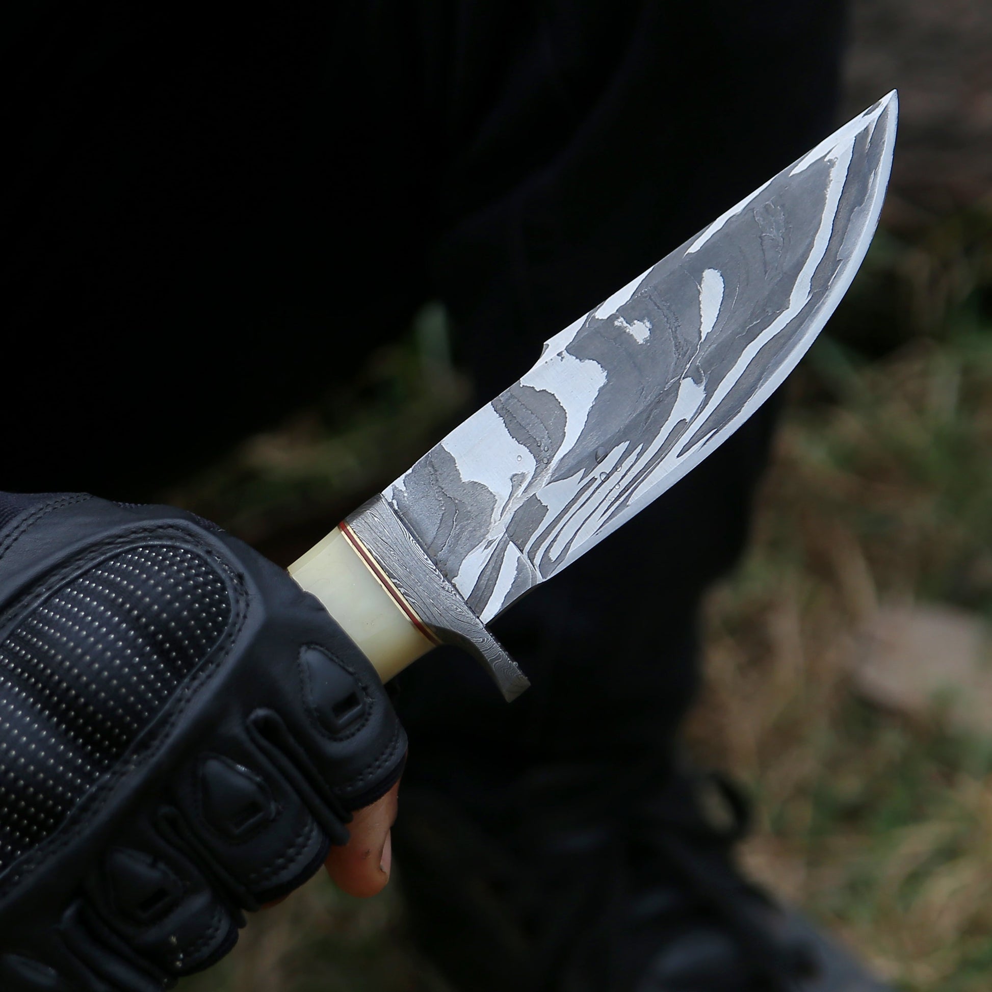 Nova Damascus Hunting Knife with Bone & Exotic Wenge Wood Handle - Shokunin USA