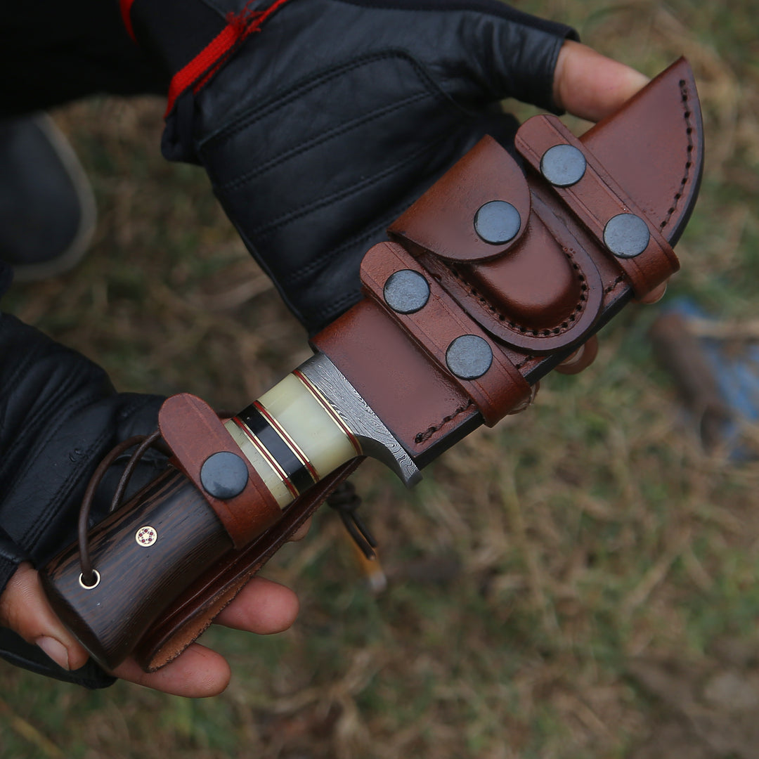 Nova Damascus Hunting Knife with Bone &amp; Exotic Wenge Wood Handle - Shokunin USA