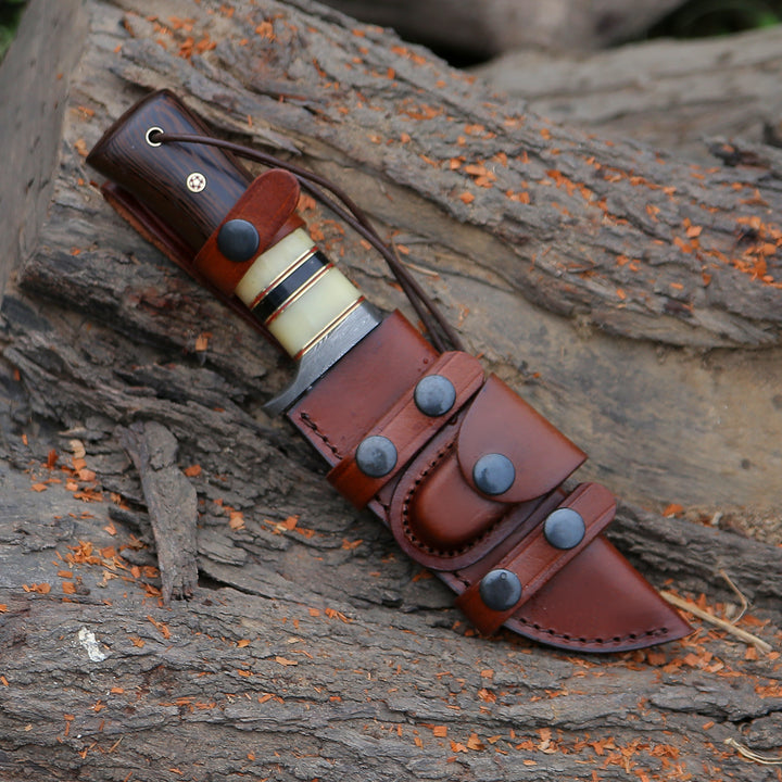 Nova Damascus Hunting Knife with Bone &amp; Exotic Wenge Wood Handle - Shokunin USA