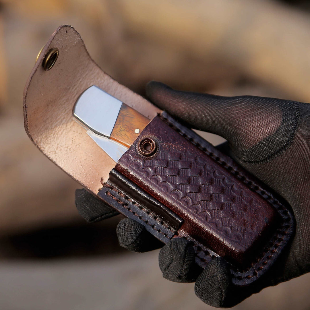 Damascus Knife - Raze Pocket Knife Engraved with Exotic Rose Wood Handle - Shokunin USA