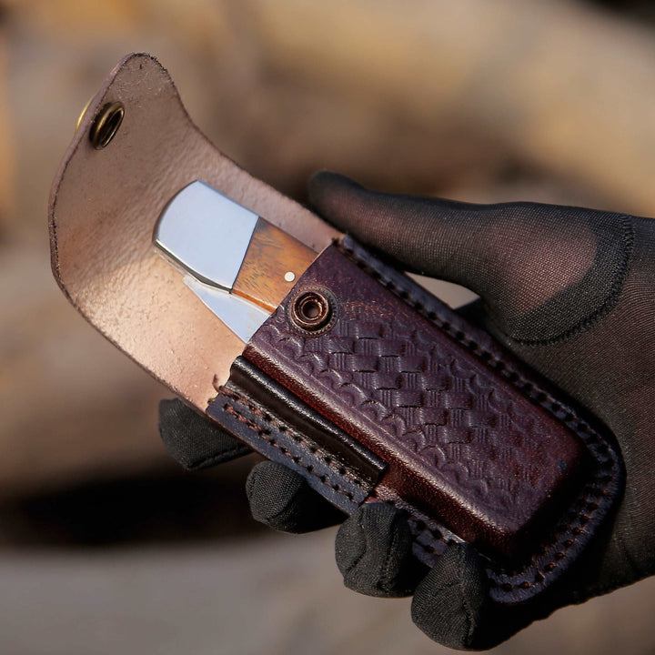 Damascus Knife - Raze Pocket Knife Engraved with Exotic Rose Wood Handle - Shokunin USA
