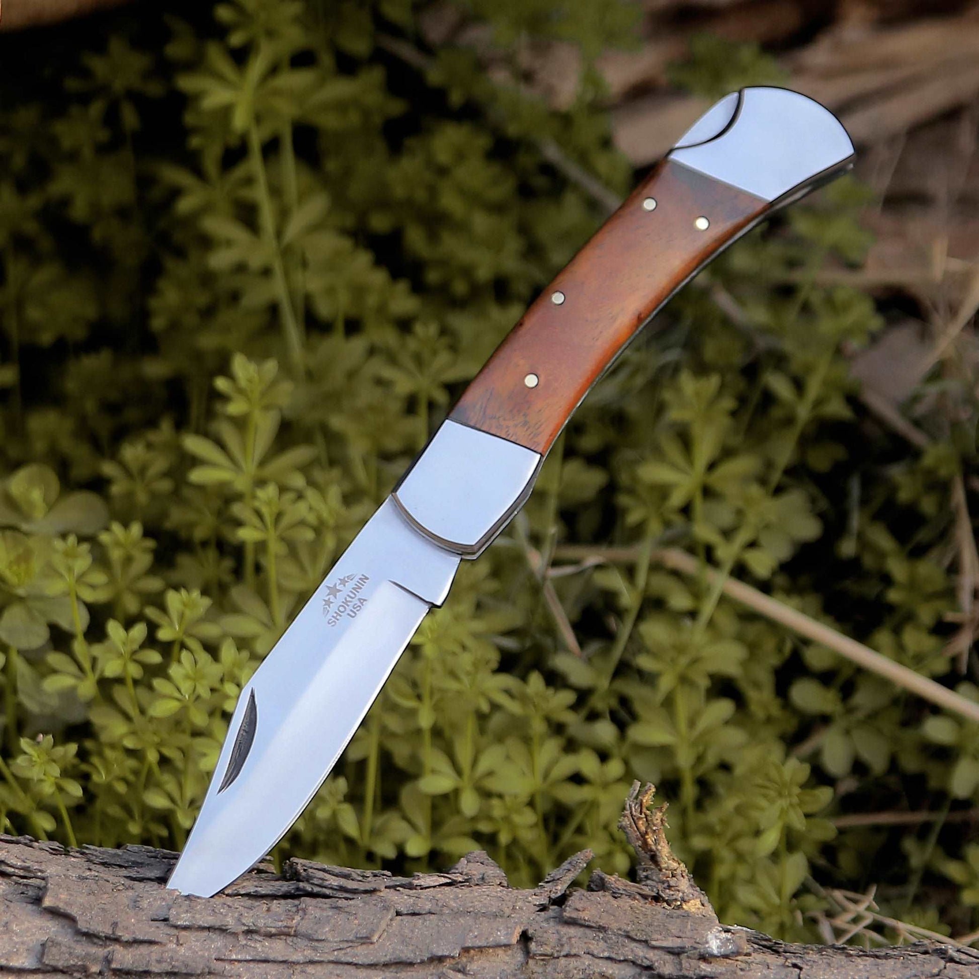 Damascus Knife - Buck Pocket Knife Engraved with Exotic Rose Wood Handle - Shokunin USA