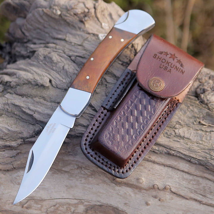 Damascus Knife - Raze Pocket Knife Engraved with Exotic Rose Wood Handle - Shokunin USA