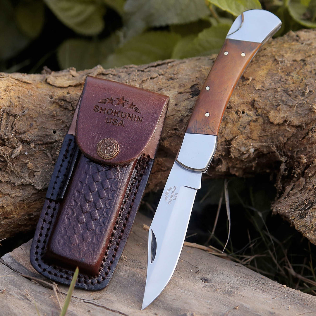 Damascus Knife - Raze Pocket Knife Engraved with Exotic Rose Wood Handle - Shokunin USA