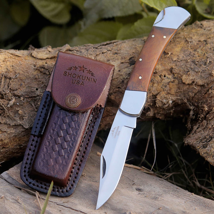 Damascus Knife - Raze Pocket Knife Engraved with Exotic Rose Wood Handle - Shokunin USA