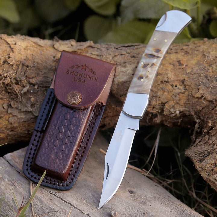 Pocket knife - Handmade Custom Pocket Knife with Ram Horn Handle &amp; Sheath Personalized - Shokunin USA