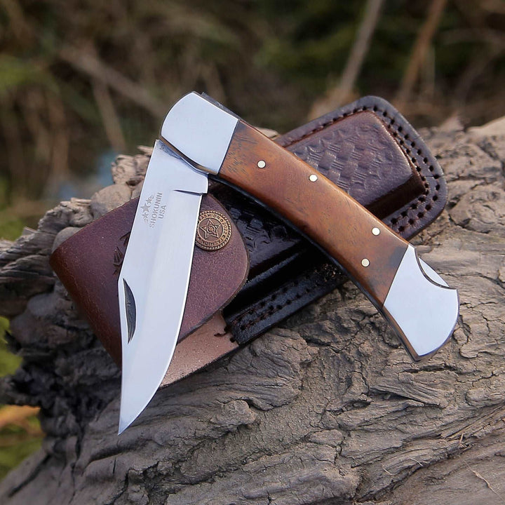 Damascus Knife - Raze Pocket Knife Engraved with Exotic Rose Wood Handle - Shokunin USA