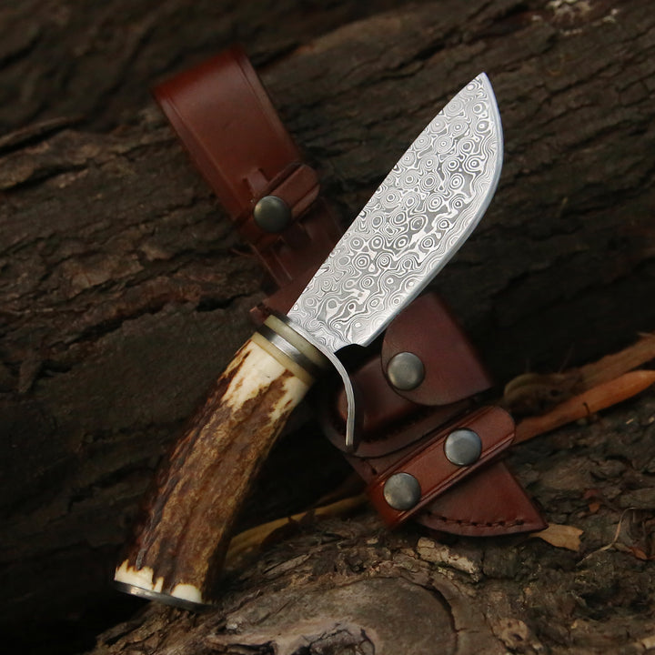 Serpent Damascus Hunting Knife with Antler Handle - Shokunin USA