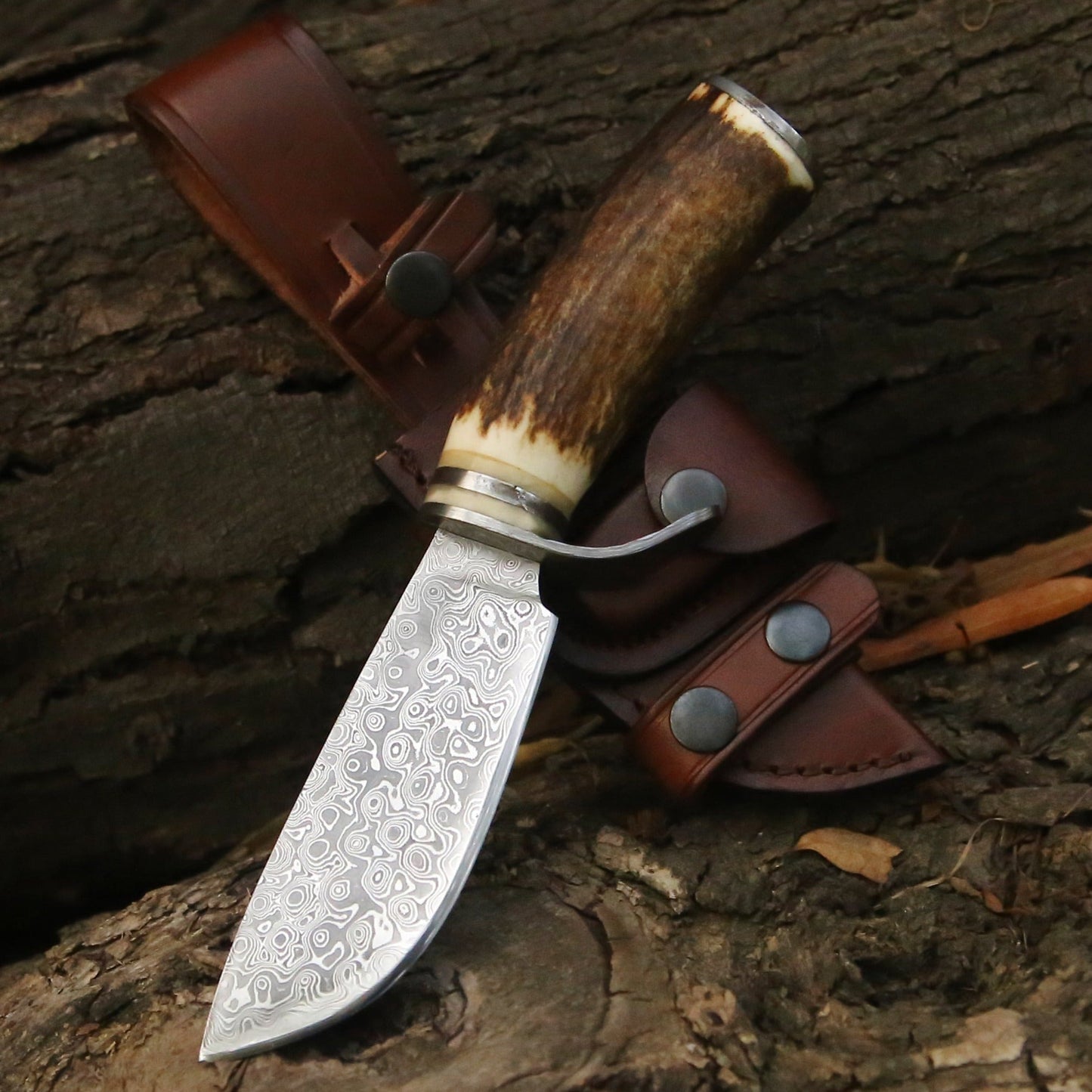 Serpent Damascus Hunting Knife with Antler Handle - Shokunin USA