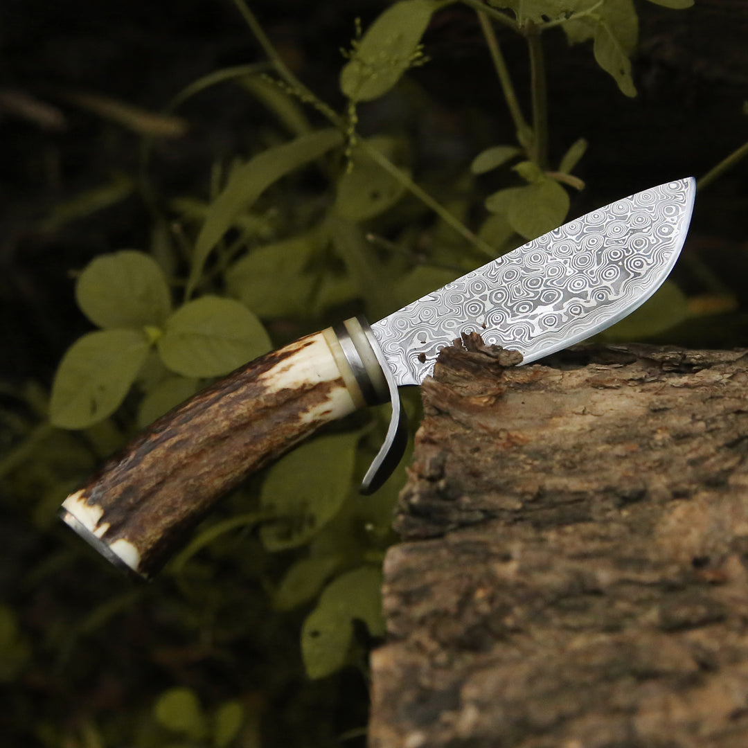 Serpent Damascus Hunting Knife with Antler Handle - Shokunin USA