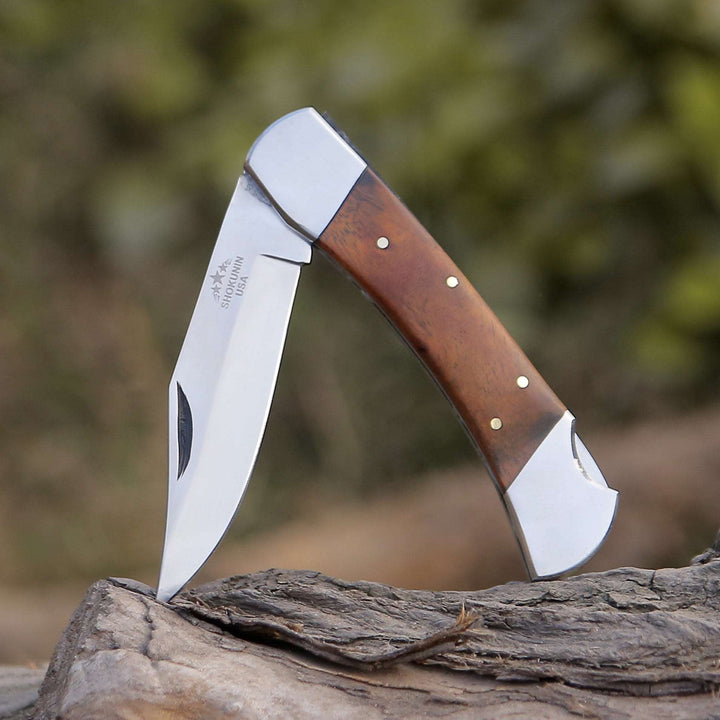 Damascus Knife - Raze Pocket Knife Engraved with Exotic Rose Wood Handle - Shokunin USA
