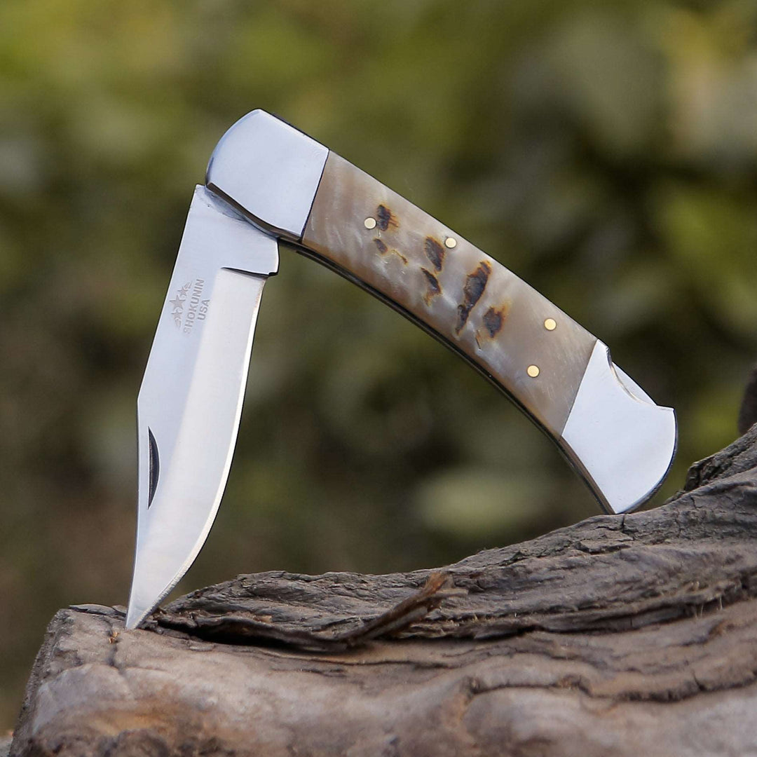 Pocket knife - Handmade Custom Pocket Knife with Ram Horn Handle &amp; Sheath Personalized - Shokunin USA