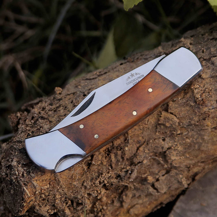Damascus Knife - Raze Pocket Knife Engraved with Exotic Rose Wood Handle - Shokunin USA