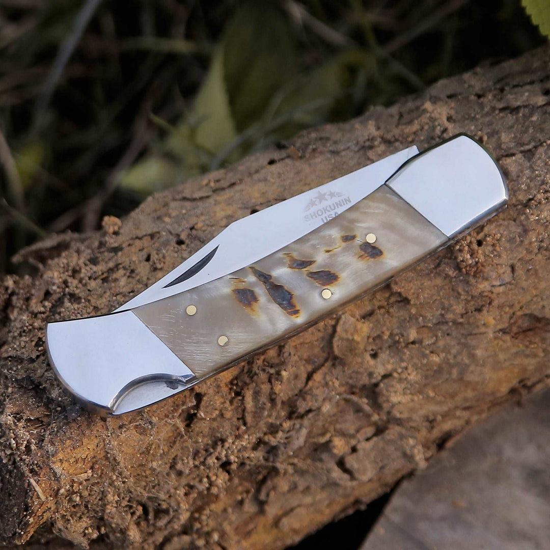 Pocket knife - Handmade Custom Pocket Knife with Ram Horn Handle &amp; Sheath Personalized - Shokunin USA
