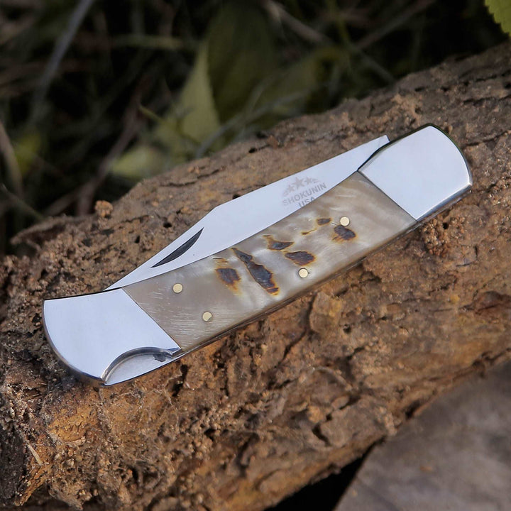 Pocket knife - Handmade Custom Pocket Knife with Ram Horn Handle &amp; Sheath Personalized - Shokunin USA