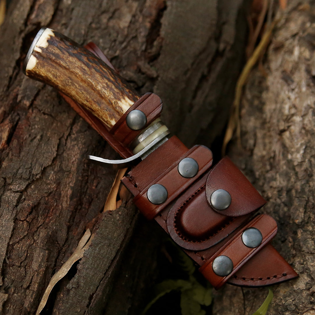 Serpent Damascus Hunting Knife with Antler Handle - Shokunin USA