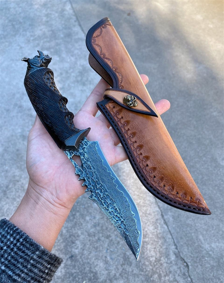 Chimera VG10 Damascus Hunting Knife with Exotic Ebony Wood Handle - Shokunin USA