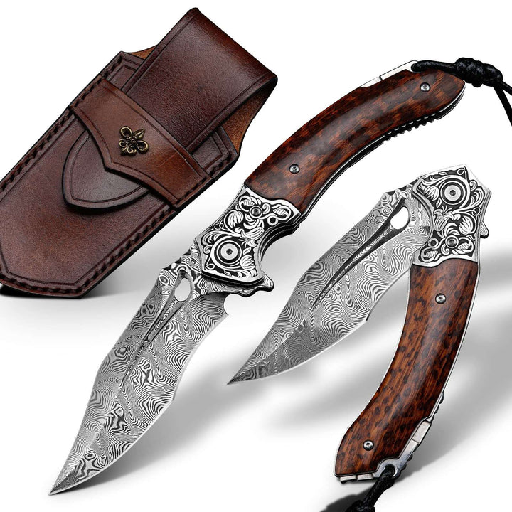 Damascus Knife - Heracles Japanese Damascus Folding Knife with Exotic Snake Wood Handle - Shokunin USA