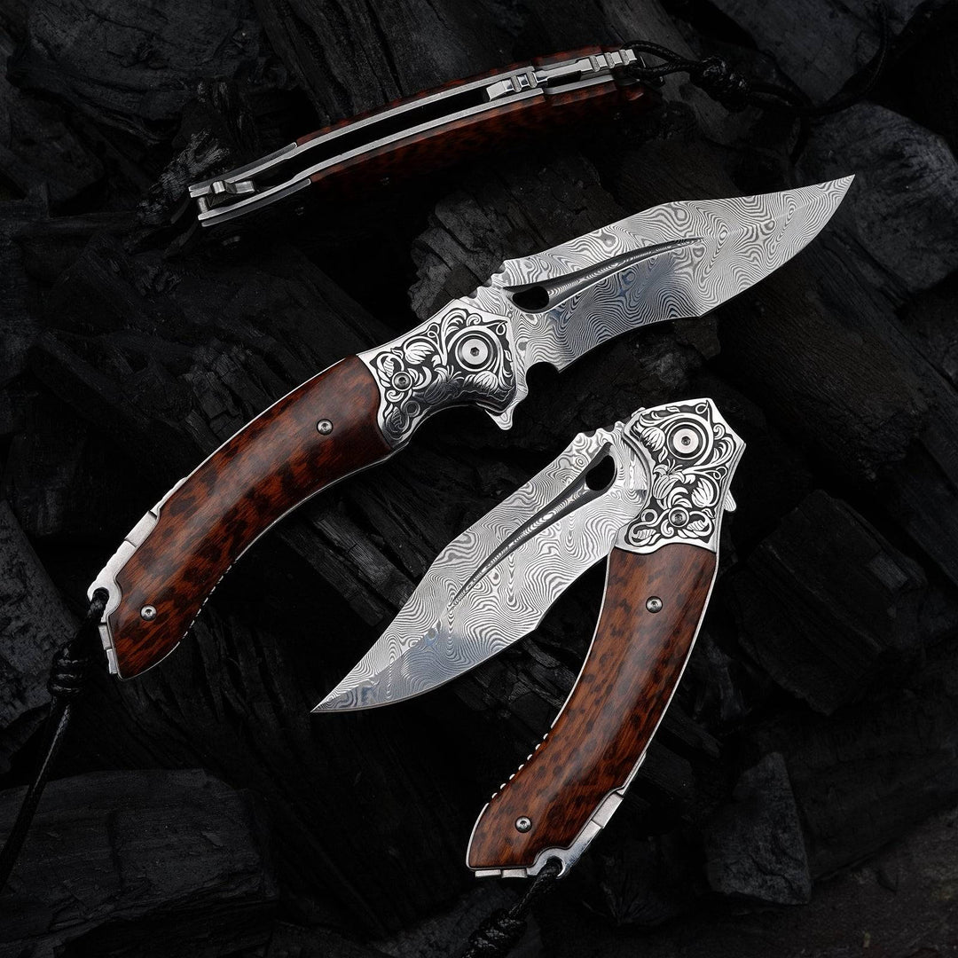Damascus Knife - Heracles Japanese Damascus Folding Knife with Exotic Snake Wood Handle - Shokunin USA