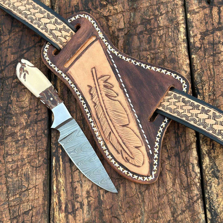 Fixed blade knife. - Prairie Damascus Skinner Knife with Hand tooled Sheath &amp; Belt - Shokunin USA