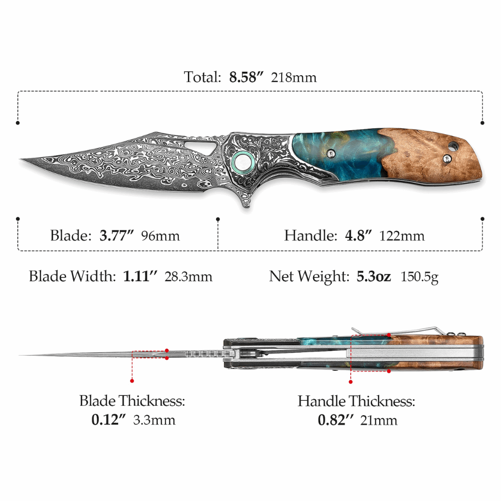 Pocket Knife - Ares Japanese Handmade Pocket Knife with Olive Burl Wood & Resin Handle - Shokunin USA
