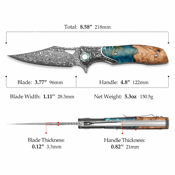 Pocket Knife - Ares Japanese Handmade Pocket Knife with Olive Burl Wood &amp; Resin Handle - Shokunin USA