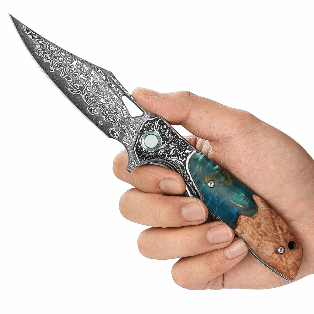 Pocket Knife - Ares Japanese Handmade Pocket Knife with Olive Burl Wood &amp; Resin Handle - Shokunin USA