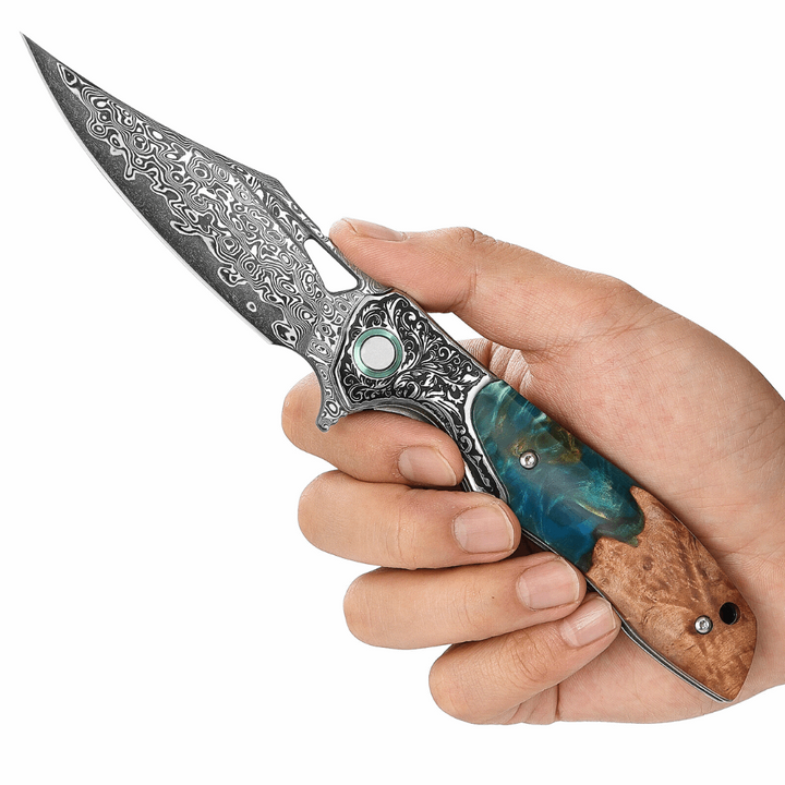 Pocket Knife - Ares Japanese Handmade Pocket Knife with Olive Burl Wood &amp; Resin Handle - Shokunin USA