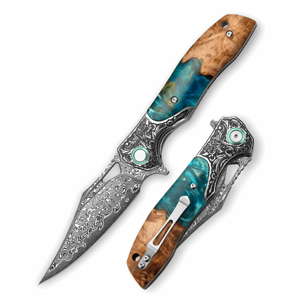 Pocket Knife - Ares Japanese Handmade Pocket Knife with Olive Burl Wood & Resin Handle - Shokunin USA